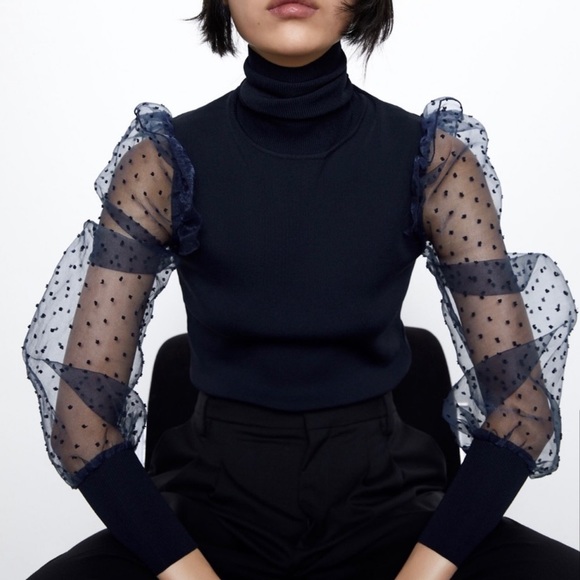ZARA navy organza puff sleeve sweater - Picture 3 of 9